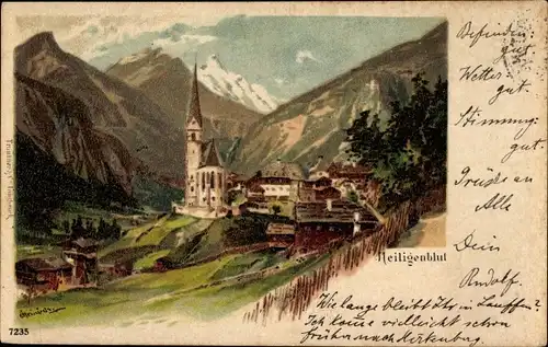 Künstler Litho Heiligenblut am Großglockner in Kärnten, Blick auf den Ort, Kirche
