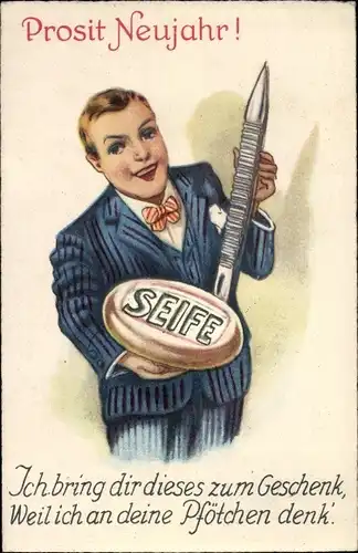 Ak Glückwunsch Neujahr, Mann mit Seife, Ich bring dir dieses zum Geschenk, Weil ich an deine...