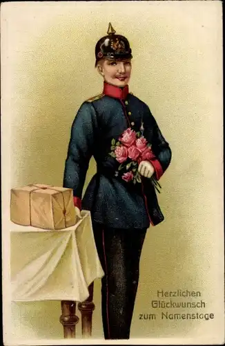 Präge Ak Glückwunsch Namenstag, Deutscher Soldat im Kaiserreich mit Blumenstrauß, Pickelhaube