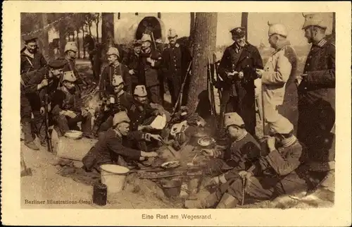 Ak Deutsche Soldaten in Uniformen, Rast am Wegesrand, I WK