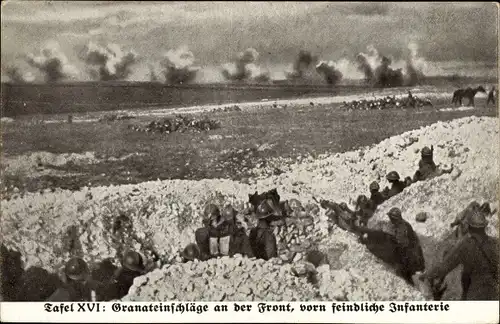 Ak Granateinschläge an der Front, vorn feindliche Infanterie, I WK