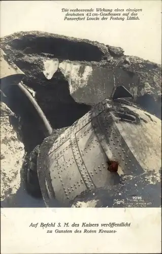 Ak Verheerende Wirkung eines einzigen dt. 42 cm Geschosses auf Panzerfort Loucin, Festung Lüttich