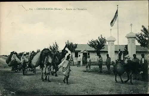 Ak Casablanca Marokko, Entree de l'Aviation, Araber mit Esel und Kamelen