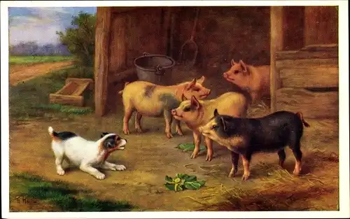 Künstler Ak Hunt, E., Hund und Schweine, Schweinestall, Bauernhof