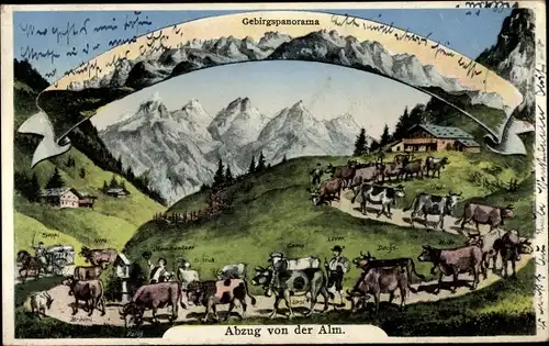 Ak Abzug von der Alm, Almabtrieb, Kühe, Gebirgspanorama