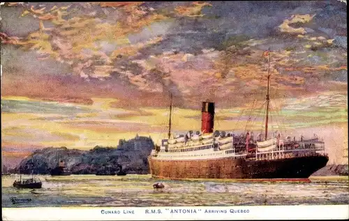 Künstler Ak RMS Antonia, Cunard Line, arriving Quebec