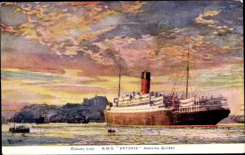 Künstler Ak Dampfer RMS Antonia, Cunard Line, arriving Quebec
