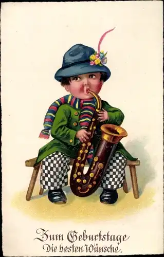 Ak Glückwunsch Geburtstag, Kind mit Blasinstrument