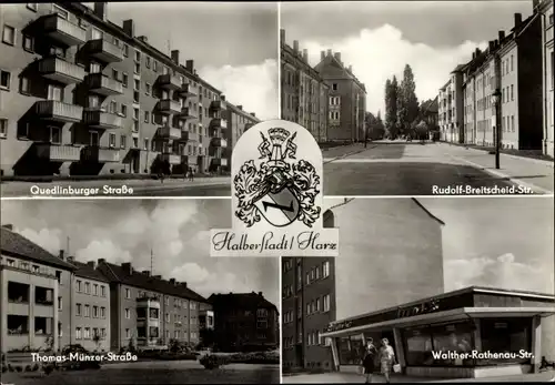 Wappen Ak Halberstadt am Harz, Rudolf Breitscheid Str., Quedlinburger Straße, Thomas Münzer Str.