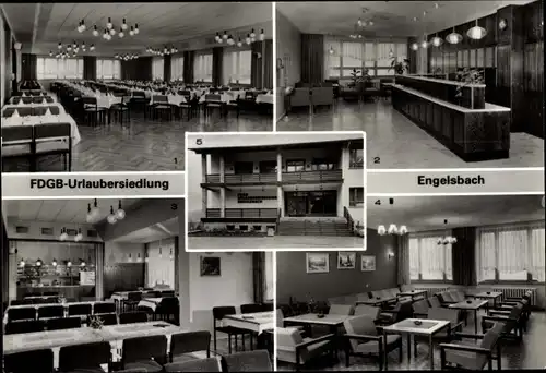 Ak Engelsbach Leinatal Thüringen, FDGB Urlaubersiedlung, Speisesaal, Empfangshalle, Klubraum