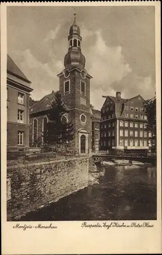 Ak Monschau Montjoie in der Eifel, Rurpartie, Evgl. Kirche, Rotes Haus, Brücke