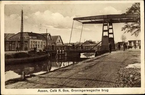 Ak Assen Drenthe Niederlande, Café R. Bos, Groningerwegsche brug