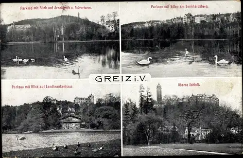 Ak Greiz in Thüringen, Parksee mit Blick auf Arnoldstift und Pulverturm, Oberes Schloss, Villen