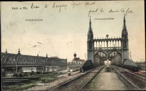 Ak Kehl am Rhein, Eisenbahnbrücke, Verkehrsbrücke