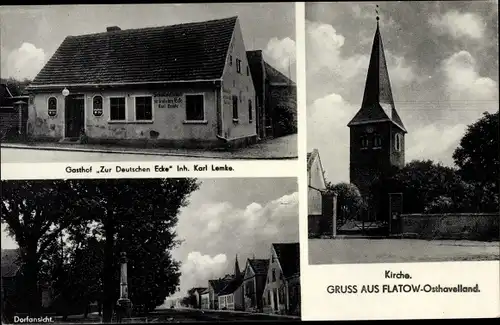Ak Flatow Kremmen in der Mark, Kirche, Gasthof Zur Deutschen Ecke, Dorfansicht, Kriegerdenkmal