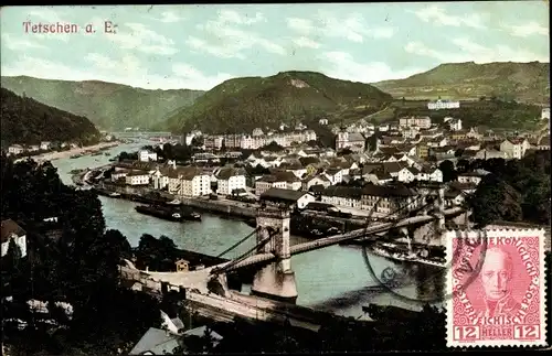 Ak Děčín Tetschen an der Elbe Region Aussig, Panorama mit Brücke