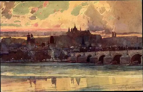 Künstler Ak Jaroslav Setelik, Praha Prag Tschechien, Hradčany Hradschin, Karlsbrücke