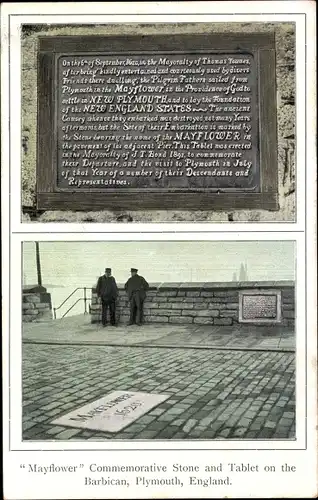 Ak Plymouth Devon England, Mayflower Commemorative Stone and Tablet on the Barbican