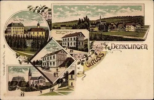 Litho Denklingen Reichshof Oberbergischer Kreis, Kirche, Hotel König, Bürgermeisteramt