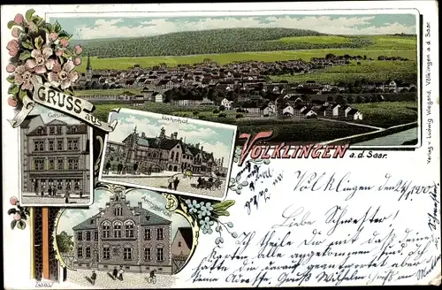 Litho Völklingen im Saarland, Bahnhof, Amtsgericht, Gasthof, Totalansicht