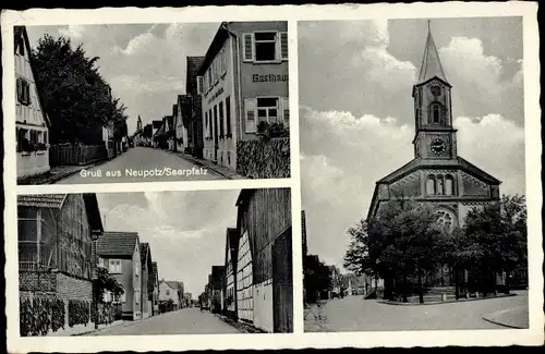 Ak Neupotz in der Pfalz, Kirche, Gasthaus, Straßenpartie