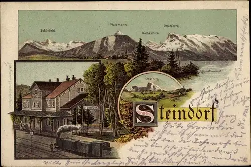 Litho Steindorf am Ossiacher See Kärnten, Bahnhof, Gleisseite, Watzmann, Hochkalter