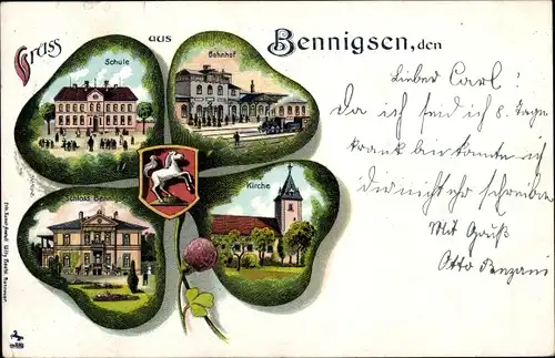 Kleeblatt Litho Bennigsen Springe am Deister, Schule, Bahnhof, Kirche, Schloss