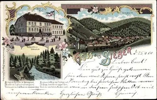 Litho Sieber Herzberg am Harz in Niedersachsen, Hotel zur Krone, Siebertal, Totalansicht