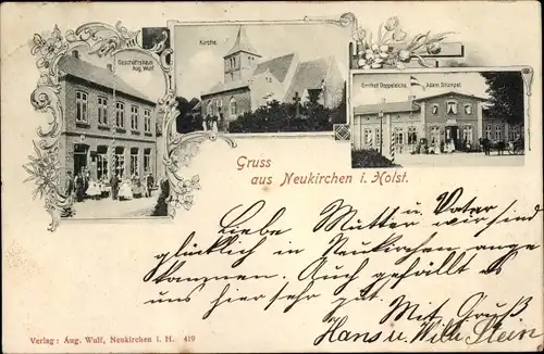 Ak Ostseebad Neukirchen in Holstein, Gasthof Doppeleiche, Kirche, Geschäftshaus Aug. Wulf