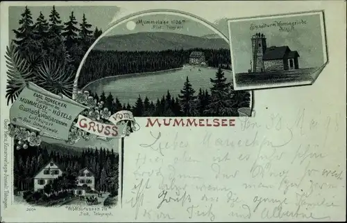 Mondschein Litho Seebach Baden Ortenaukreis, Partie am Mummelsee, Signalturm Hornisgrinde, Brunnen