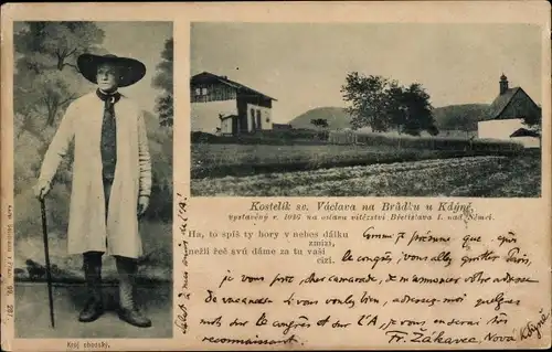 Ak Kdyně Neugedein Region Pilsen, Kostelik sv. Vaclava na Krudku u Kdyne, Mann in Tracht