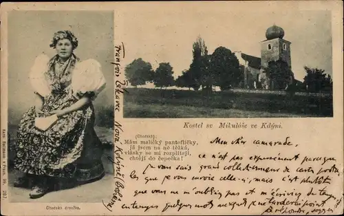 Ak Kdyně Neugedein Region Pilsen, Kostel sv. Mikulase, Frau in Tracht