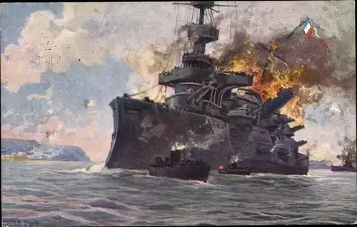 Künstler Ak Schulze, Hans Rudolf, Französisches Kriegsschiff, Panzerschiff Bouvet, Dardanellen