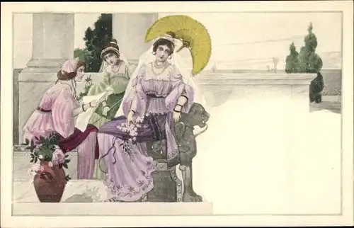Jugendstil Ak Frauen in historischer Kleidung, Fächer