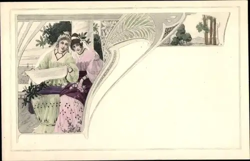 Jugendstil Ak Frauen in historischer Kleidung, Schriftrolle