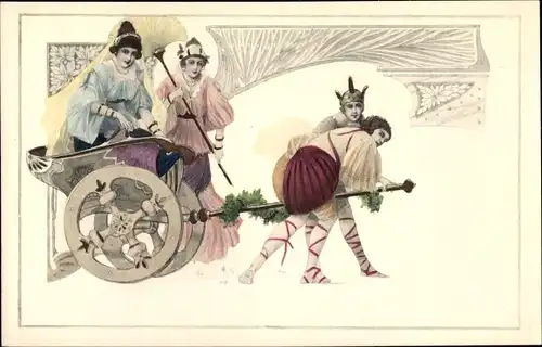 Jugendstil Ak Römischer Streitwagen, Damen mit Fächer