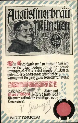 Ak Stuttgart in Baden Württemberg, Restaurant Augustiner, Geißstraße 12, Augustinerbräu München