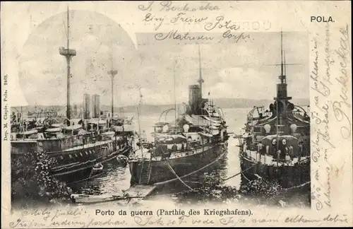 Ak Pola Pula Kroatien, Österreichisches Kriegsschiff, Küstenpanzerschiffe im Kriegshafen