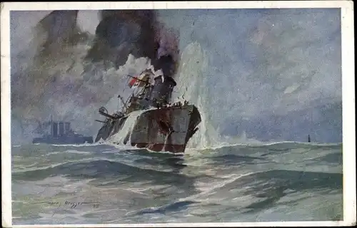 Künstler Ak Heusser, Harry, Italienisches Kriegsschiff Panzerkreuzer Amalfi, Torpedierung durch U 26