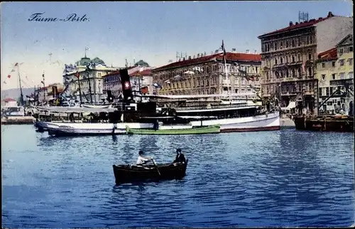 Ak Rijeka Fiume Kroatien, Hafenpartie, Ruderboot