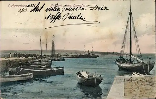 Ak Crikvenica Kroatien, Ankunft eines Dampfers im Hafen