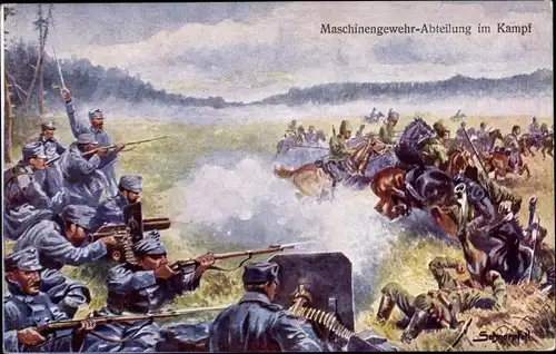 Künstler Ak Schnorpfeil, KuK Armee, Maschinengewehr Abteilung im Kampf, I WK
