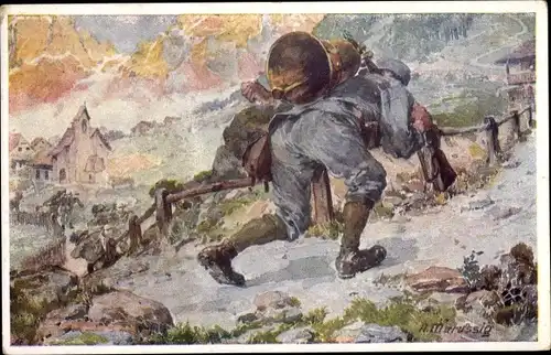 Künstler Ak Marussig, Aus dem goldenen Buche der Armee, KuK Infanterist Unterluggauer mit Glocke