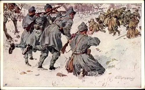 Künstler Ak Marussig, KuK Soldaten im Gefecht, Infanterist Sanimaler,Aus dem goldenen Buche d. Armee