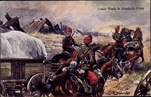 Künstler Ak Schnorpfeil, Versorgungstransport in Russisch Polen, Kuk Soldaten, I WK