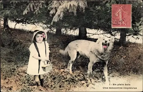 Ak Mädchen und Hund, En plein bois, Une rencontre imprevue