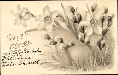 Litho Glückwunsch Ostern, Weidenkätzchen, Blumen, Ostereier