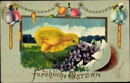 Ak Glückwunsch Ostern, Küken, Ostereier, Veilchen