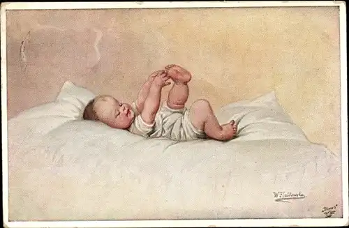 Künstler Ak Fialkowska, W., Baby im Bett