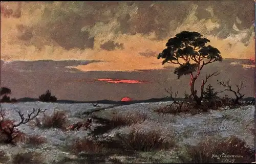Künstler Ak Sonnenuntergang, Wolken, Bäume